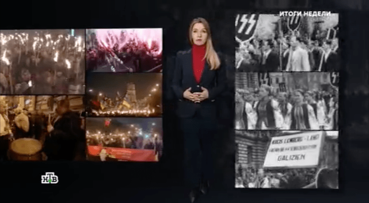 Ведущая российского НТВ, находящегося под контролем государства с 2001 года, сопоставляет кадры ультраправого митинга в Украине с историческими кадрами нацистского митинга во время трансляции 3 апреля 2022 года. 