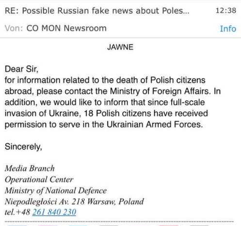 Ответ Беларусскому расследовательскому центру от Минобороны Польши. Скриншот: БРЦ